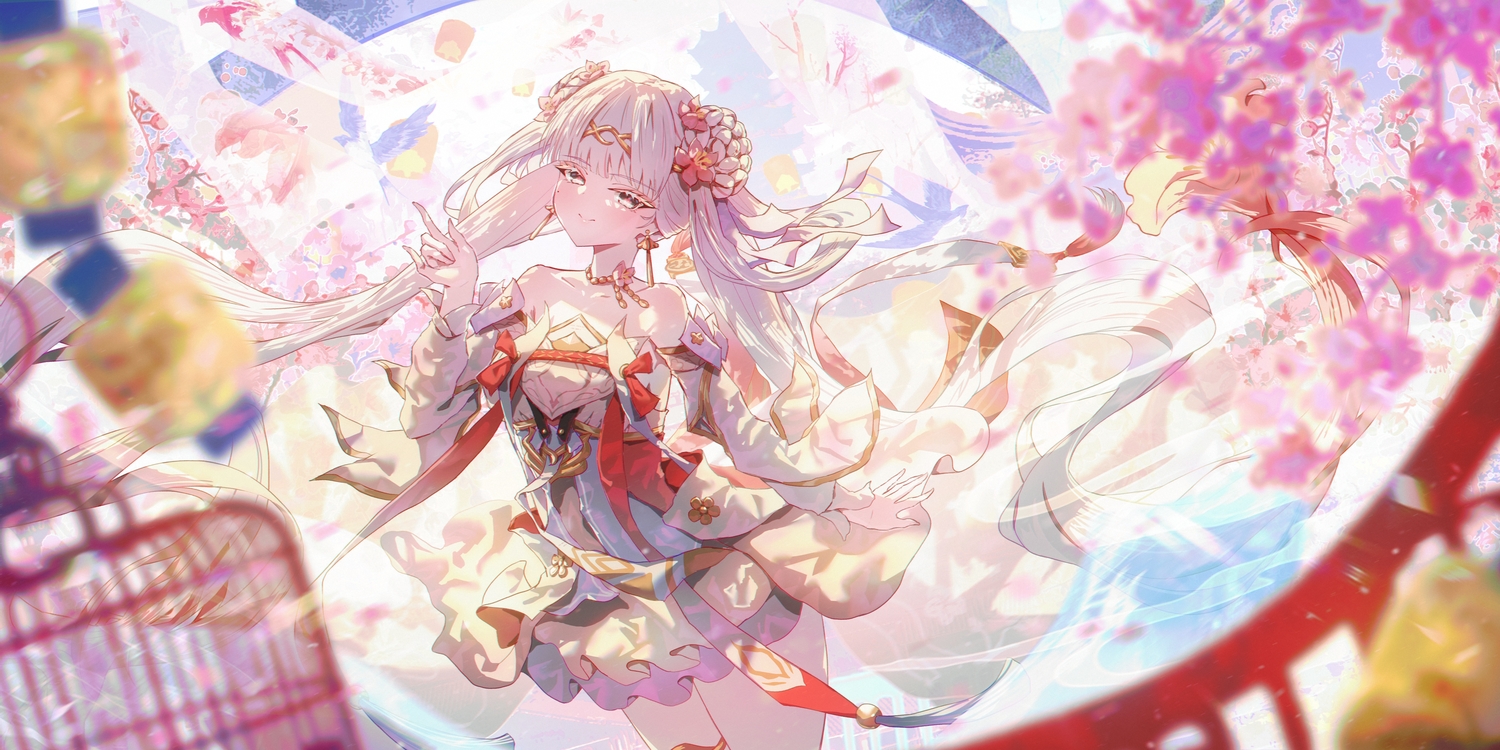 braids, cage, cardlit, choker, dress, flowers, gray_eyes, headband, jinhsi_(wuthering_waves), long_hair, ribbons, twintails, white_hair, wuthering_waves