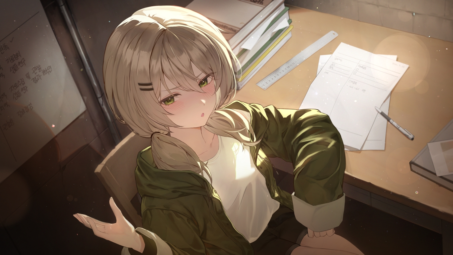 blush, book, brown_hair, dust_(mth), green_eyes, hood, paper, shorts