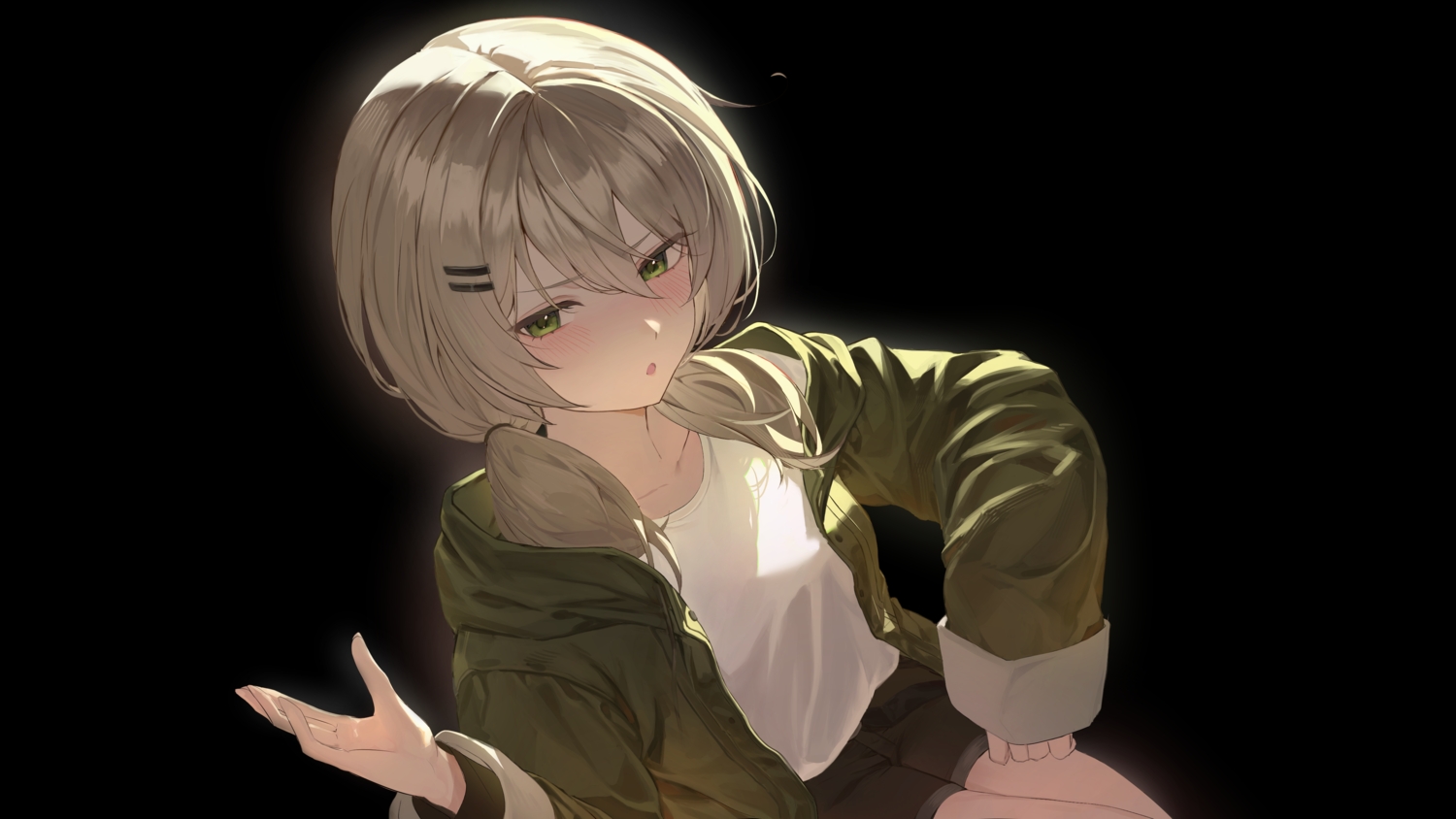 black, blush, brown_hair, dust_(mth), green_eyes, hood, shorts, twintails