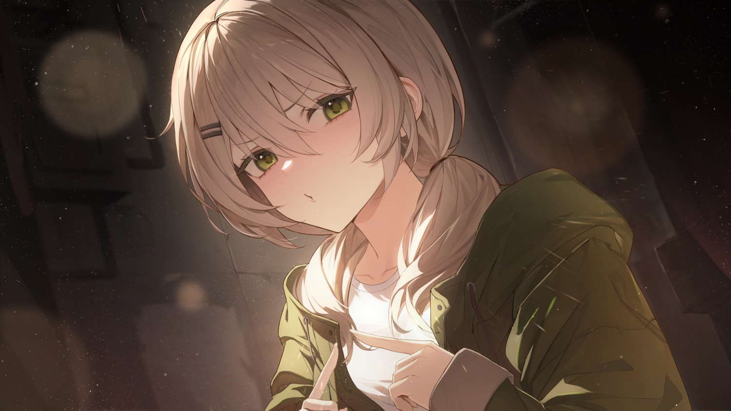 blush, brown_hair, close, dust_(mth), green_eyes, hood, paper, twintails, viichan, waktaverse