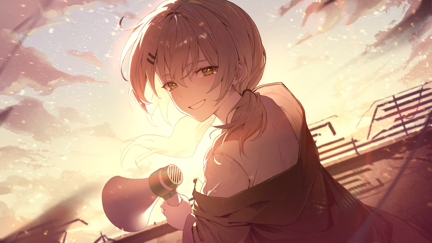 blush, brown_hair, close, clouds, dust_(mth), green_eyes, hood, rooftop