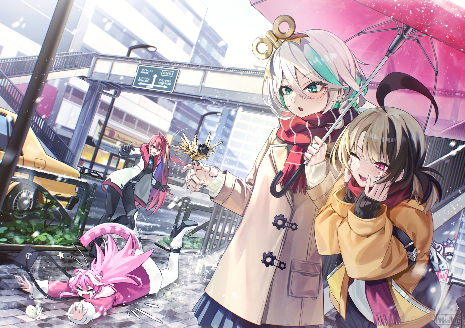 animal, animal_ears, bird, blush, boots, braids, building, car