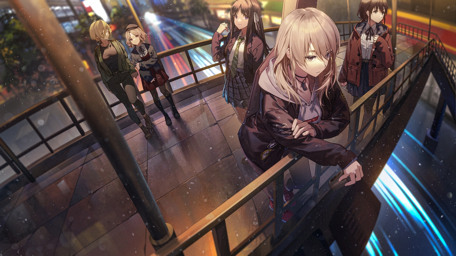 awa_subaru, black_hair, blonde_hair, boots, bow, brown_hair, building, choker