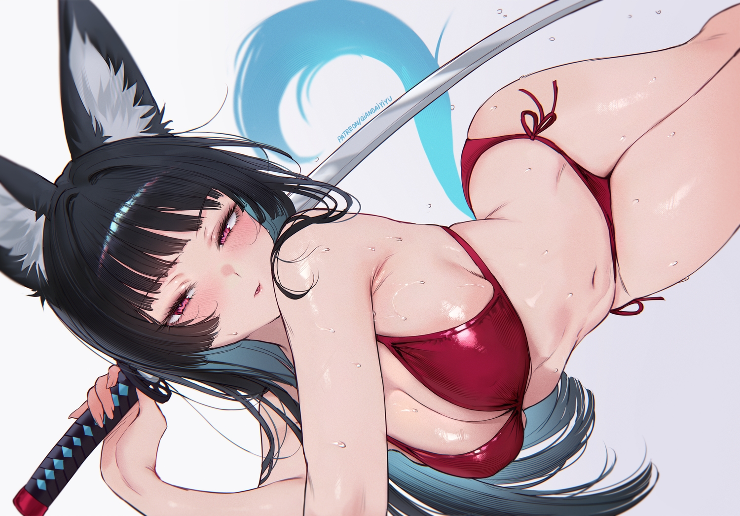 animal_ears, bikini, black_hair, blush, breasts, cleavage, close, foxgirl, hoshimi_miyabi, katana, long_hair, pink_eyes, qiandaiyiyu, signed, swimsuit, sword, tail, weapon, wet, white, zenless_zone_zero