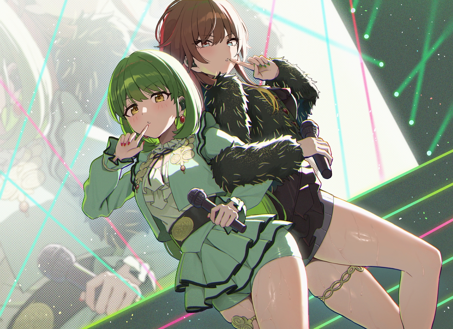 2girls, aketa_mikoto, blush, bow, brown_eyes, brown_hair, garter, green_hair