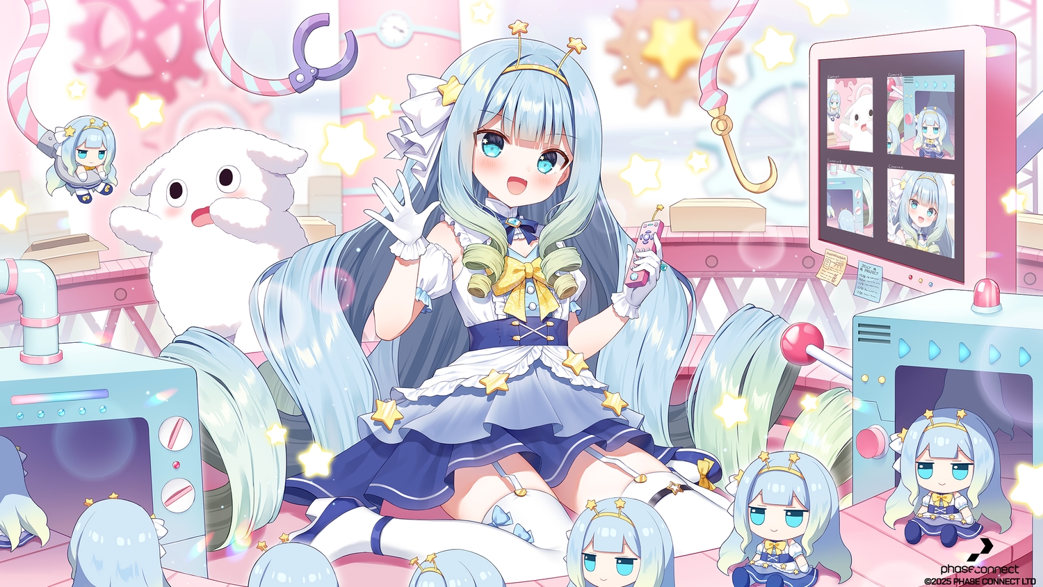 aqua_eyes, blue_hair, blush, bow, doll, dress, fang, flat_chest