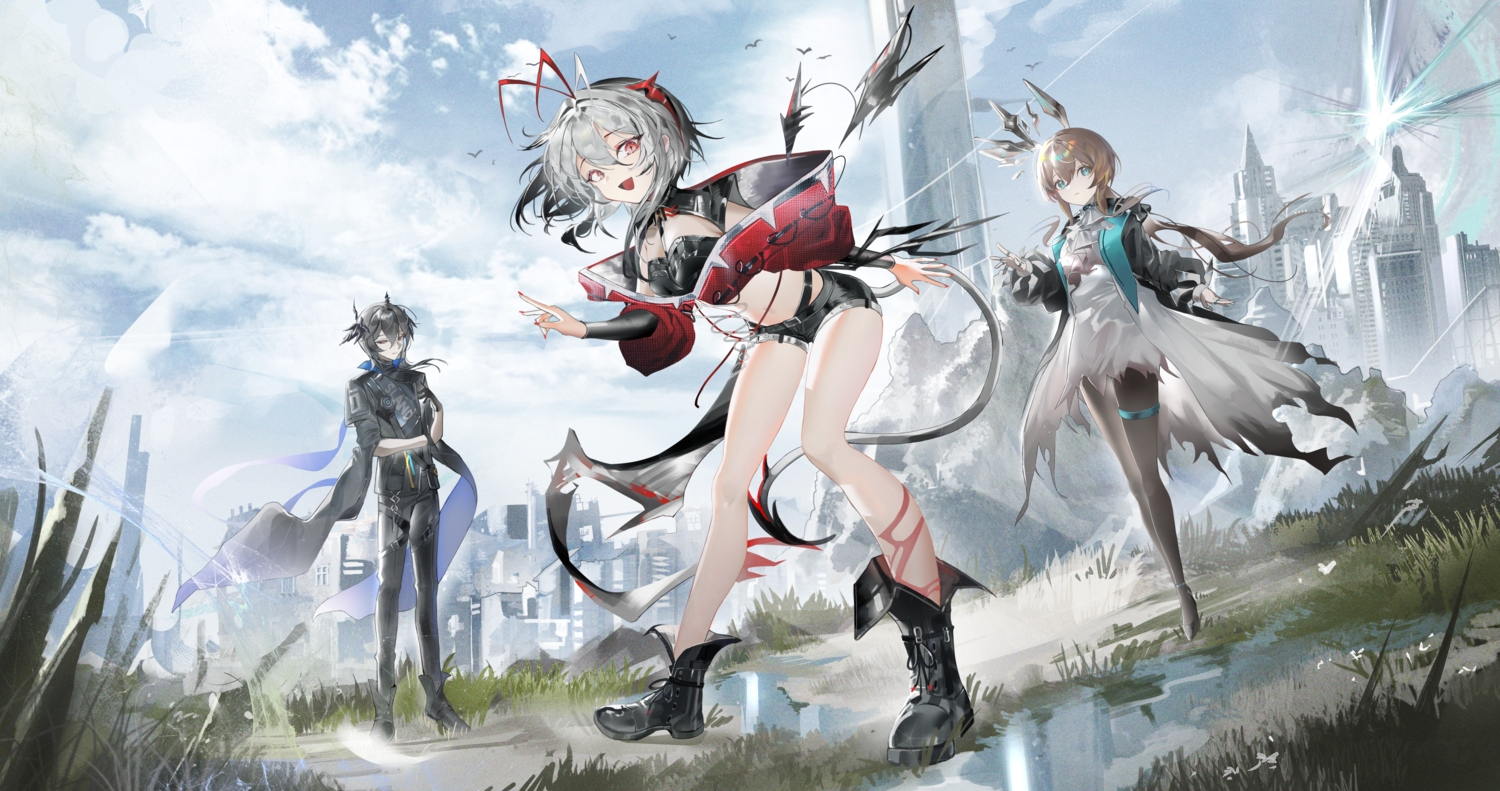 amiya_(arknights), animal_ears, aqua_eyes, arknights, black_hair, boots, brown_hair, building