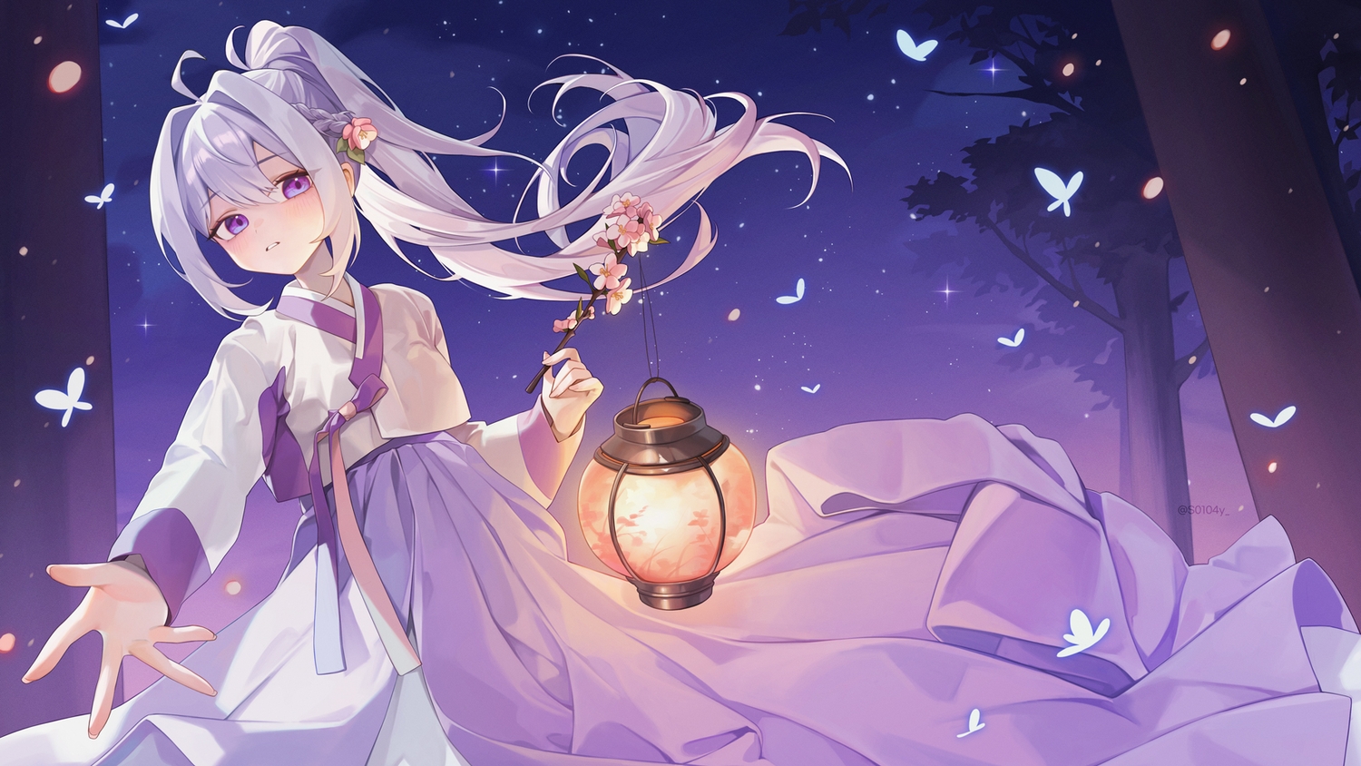 blush, braids, butterfly, flowers, gray_hair, ine_(vtuber), long_hair, night