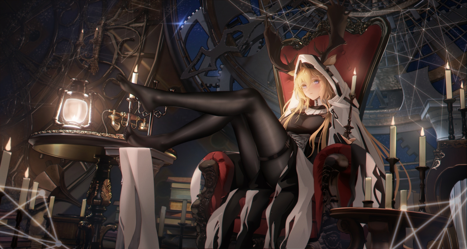 3d, animal_ears, arknights, blonde_hair, corset, garter, gloves, hood, horns, ling_dianxia, long_hair, night, pantyhose, phone, purple_eyes, sky, viviana_(arknights)
