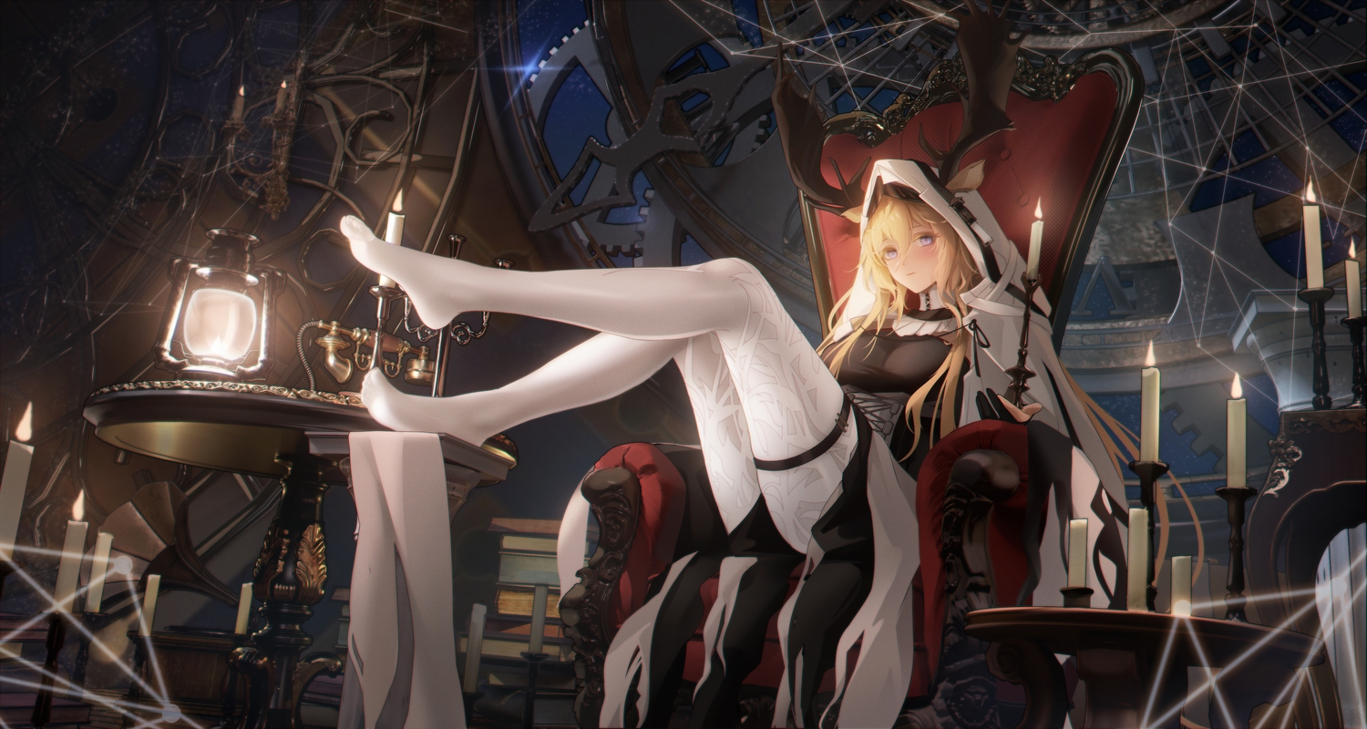 3d, animal_ears, arknights, blonde_hair, corset, garter, gloves, hood, horns, ling_dianxia, long_hair, night, pantyhose, phone, purple_eyes, sky, viviana_(arknights)