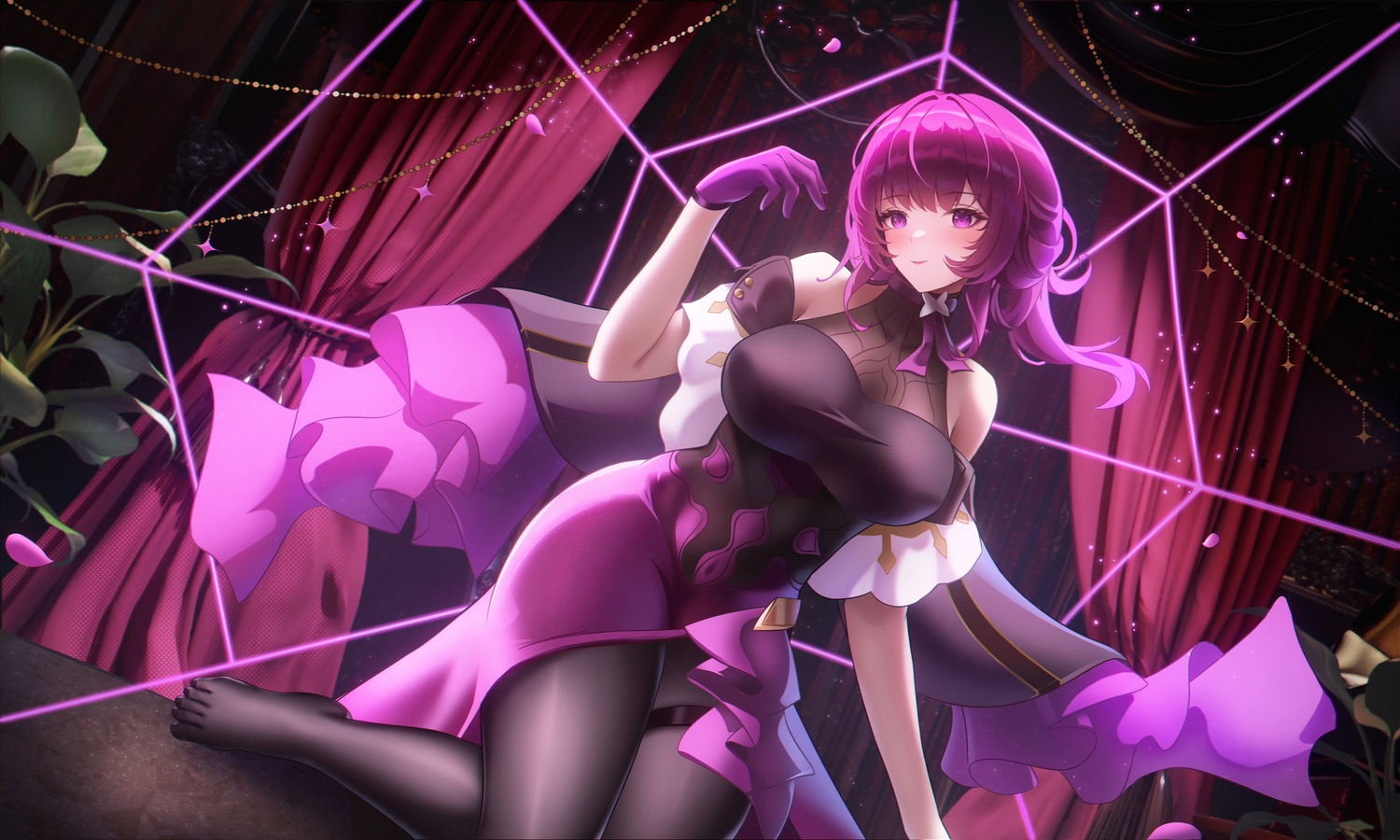 3d, dress, garter, gloves, honkai_(series), honkai:_star_rail, kafka_(honkai:_star_rail), leaves, ling_dianxia, magic, pantyhose, petals, purple_eyes, purple_hair, short_hair, skintight