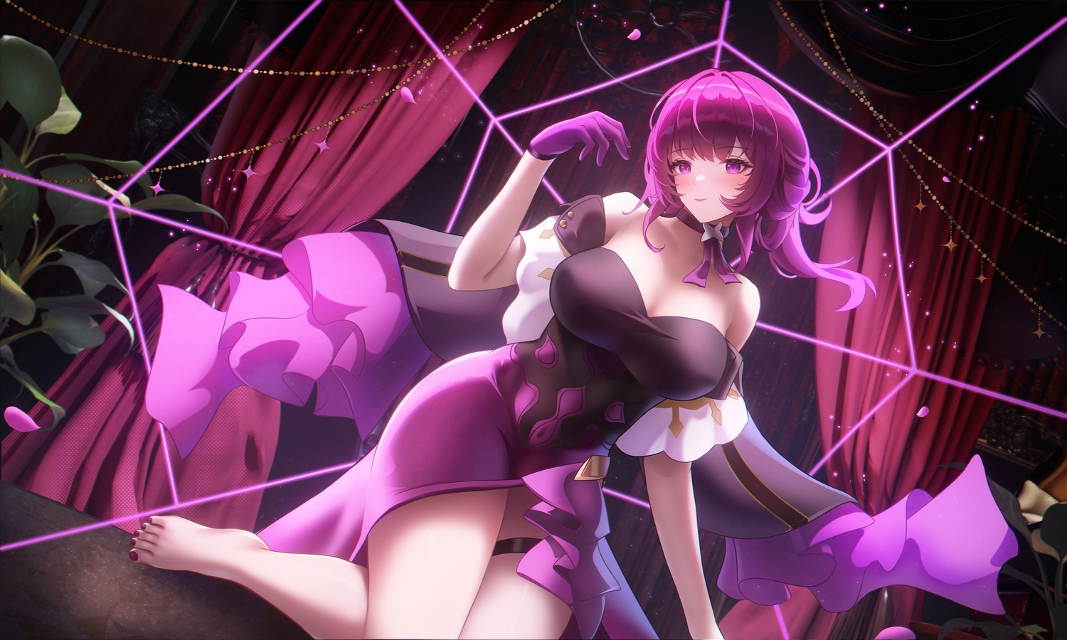 3d, barefoot, dress, garter, gloves, honkai_(series), honkai:_star_rail, kafka_(honkai:_star_rail)