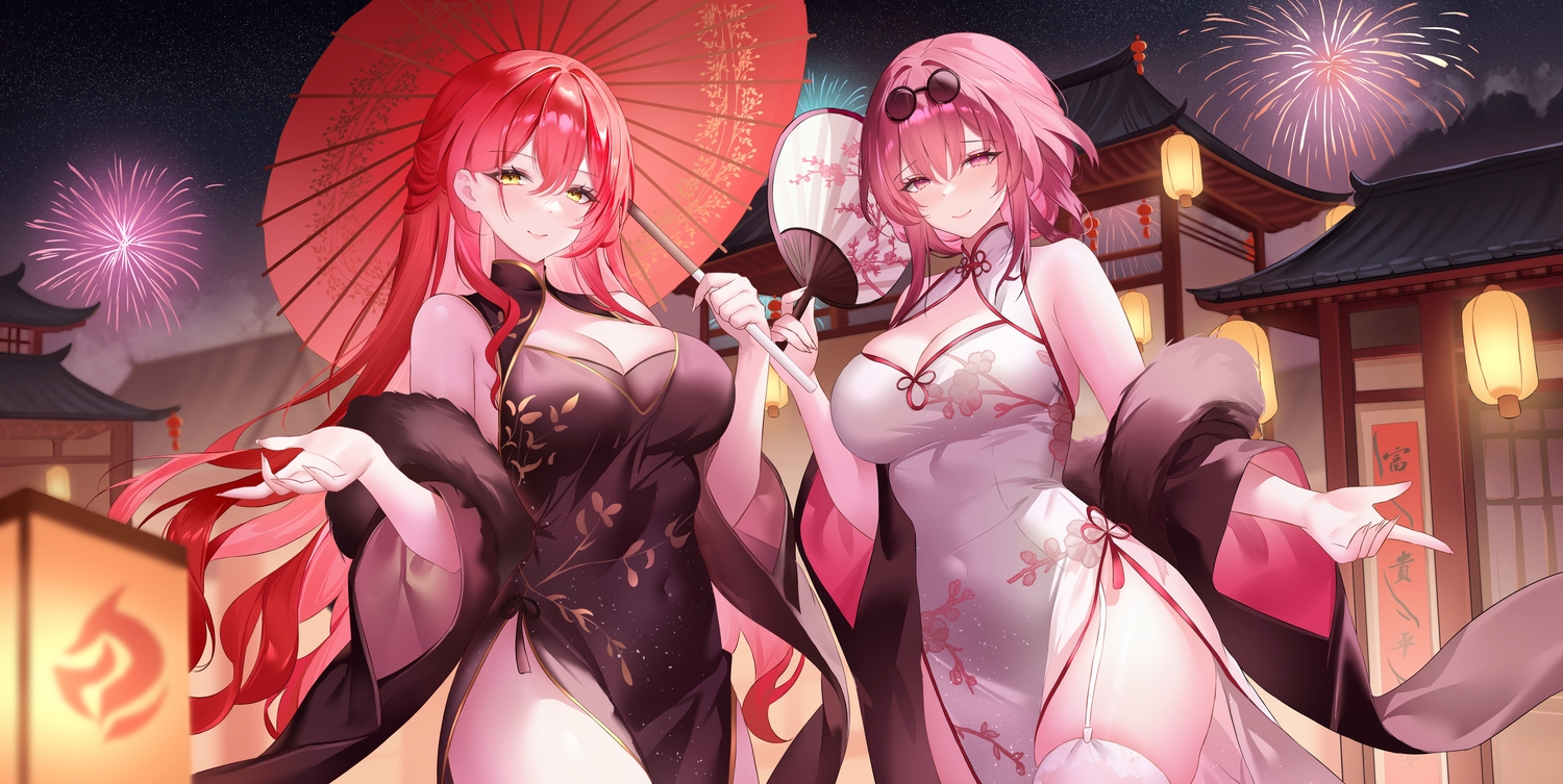 2girls, blush, breasts, building, chinese_clothes, chinese_dress, cleavage, dress