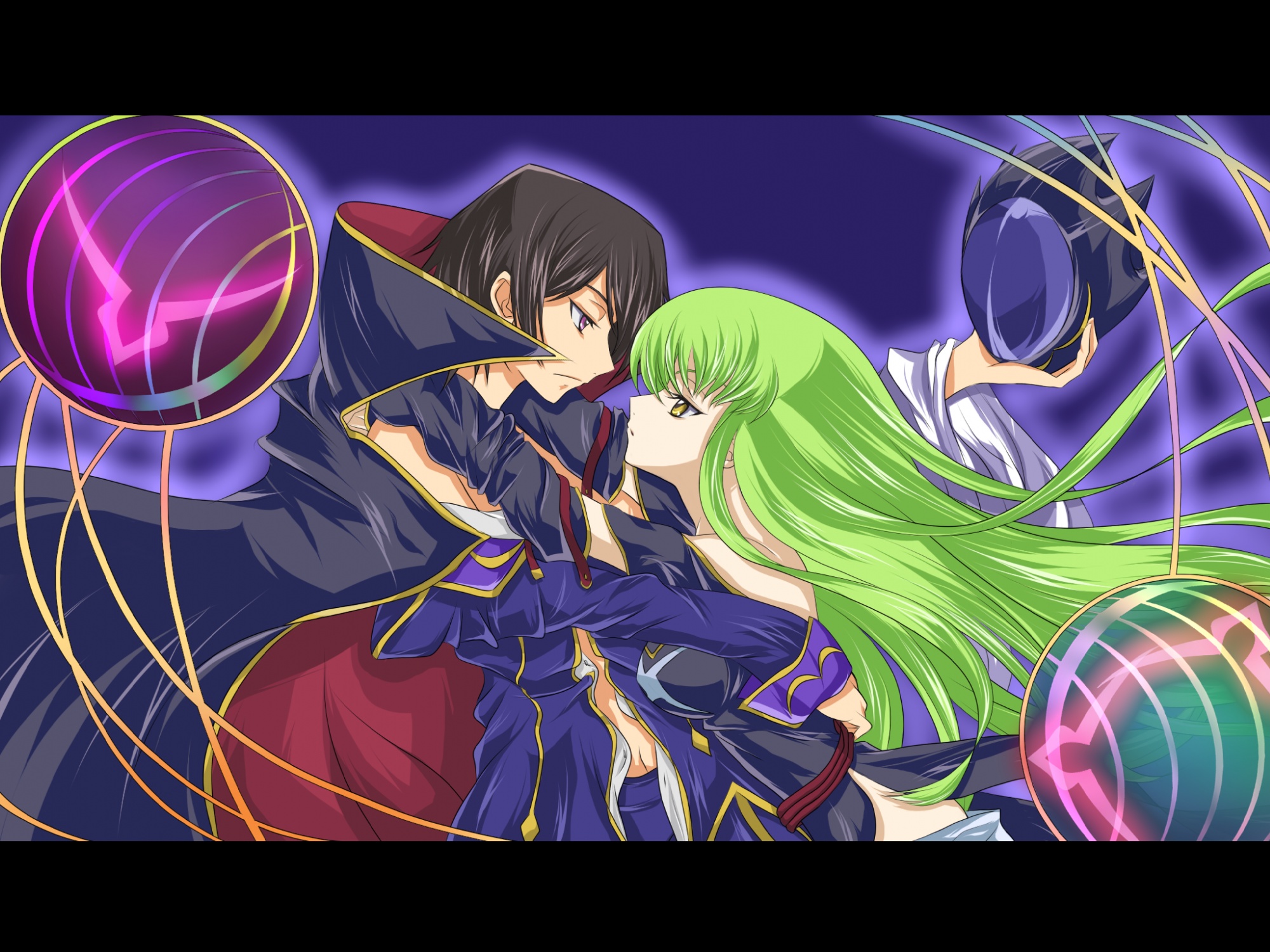 cape, cc, code_geass, elbow_gloves, gloves, green_hair, hug, kannazuki_no_miko, lelouch_lamperouge, long_hair, male, parody, yellow_eyes