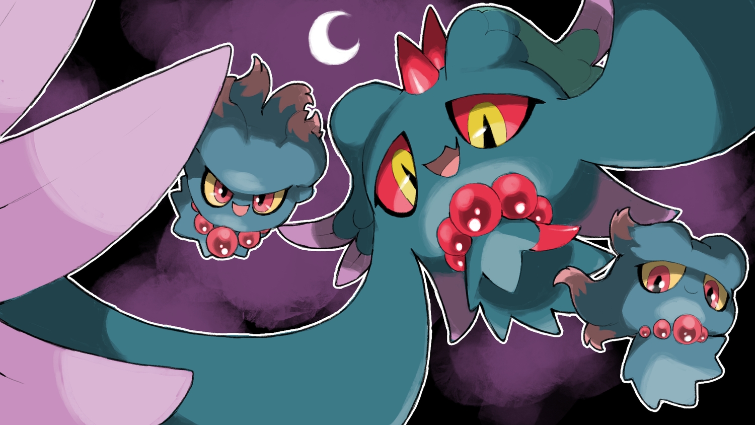 blacknirrow, close, fang, flutter_mane, horns, misdreavus, moon, necklace, no_humans, pokemon, red_eyes, yellow_eyes