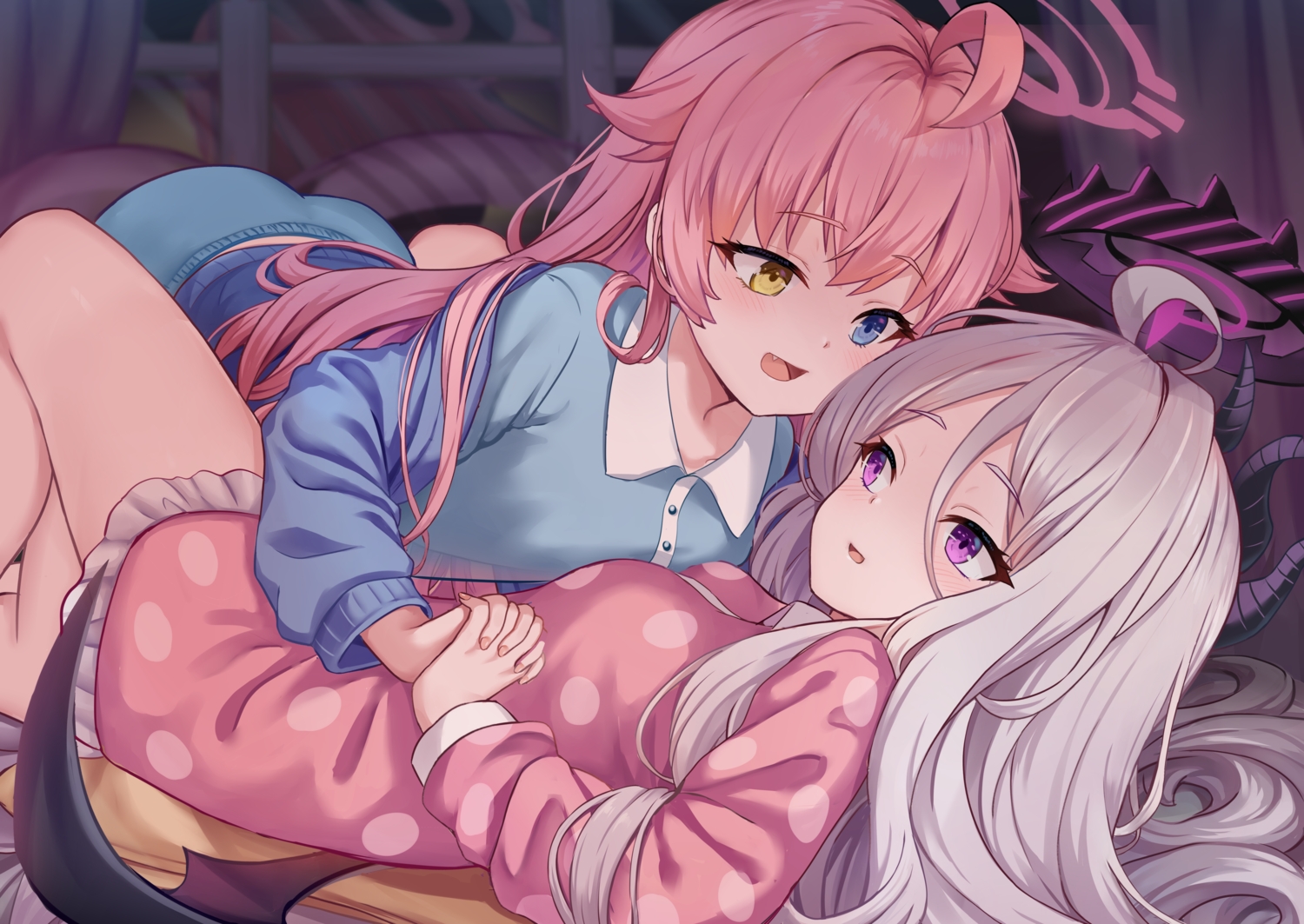 2girls, bicolored_eyes, blue_archive, blush, fang, gray_hair, halo, horns