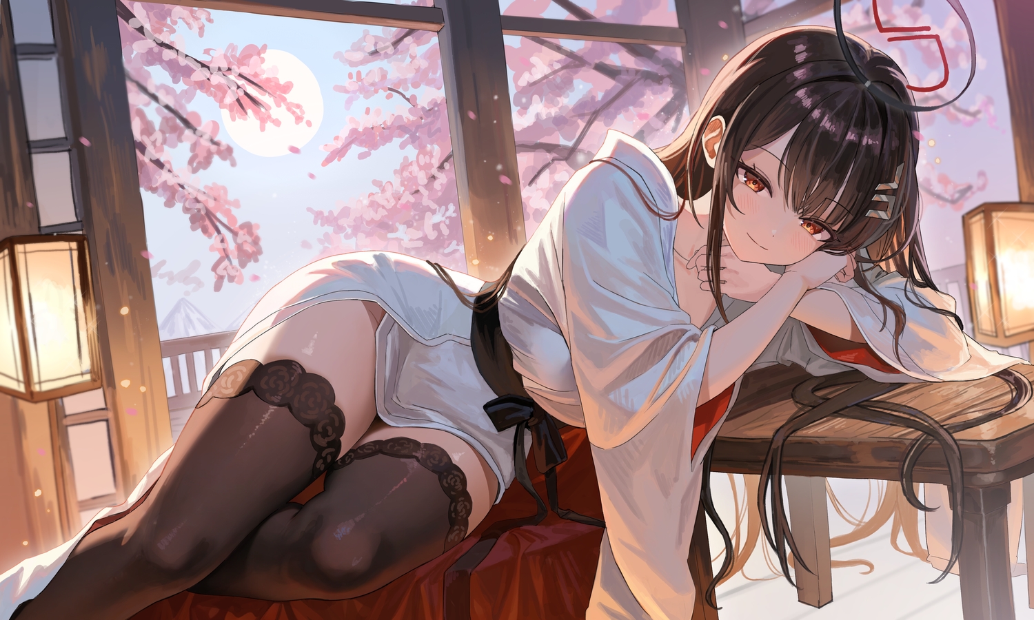 black_hair, blue_archive, blush, cherry_blossoms, flowers, halo, japanese_clothes, kimono, long_hair, moon, petals, red_eyes, thighhighs, tree, tsukatsuki_rio, yamu_(yamu_030)