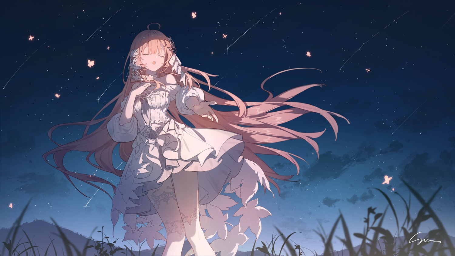 akie_(vtuber), butterfly, clouds, dress, garter, grass, indie_virtual_youtuber, lantian_lanz
