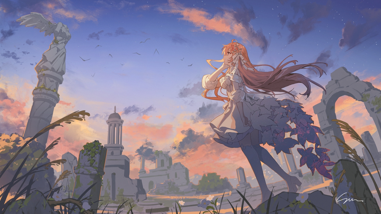 akie_(vtuber), bow, clouds, dress, flowers, grass, indie_virtual_youtuber, lantian_lanz