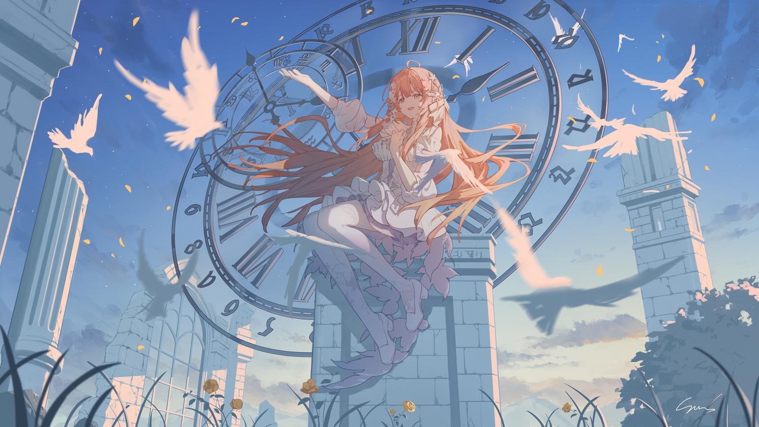 akie_(vtuber), animal, bird, bow, clouds, dress, flowers, grass
