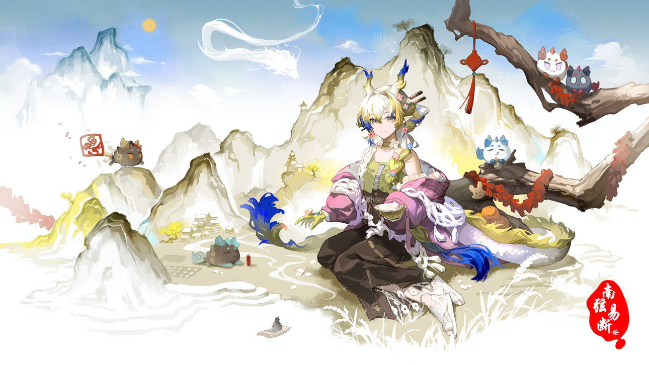 arknights, braids, choker, clouds, dragon, drink, grass, horns