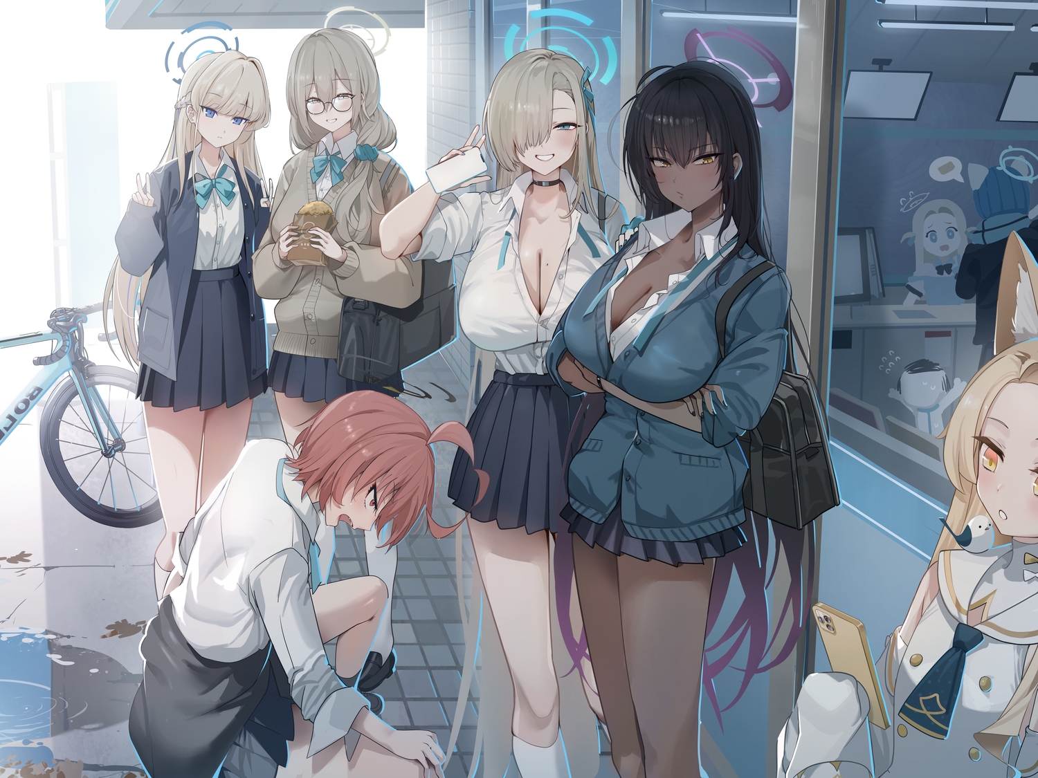 animal, animal_ears, asuma_toki, bicycle, bird, black_hair, blonde_hair, blue_archive, blue_eyes, bow, braids, breast_hold, breasts, brown_eyes, brown_hair, choker, cleavage, dark_skin, fang, flat_chest, food, foxgirl, glasses, group, halo, haowei_wu, ichinose_asuna, kakudate_karin, kneehighs, long_hair, mikamo_neru, murokasa_akane, open_shirt, phone, ponytail, red_eyes, red_hair, scarf, school_uniform, shirt, short_hair, skirt, sora_(blue_archive), sunaookami_shiroko, water, wolfgirl, yellow_eyes, yurizono_seia
