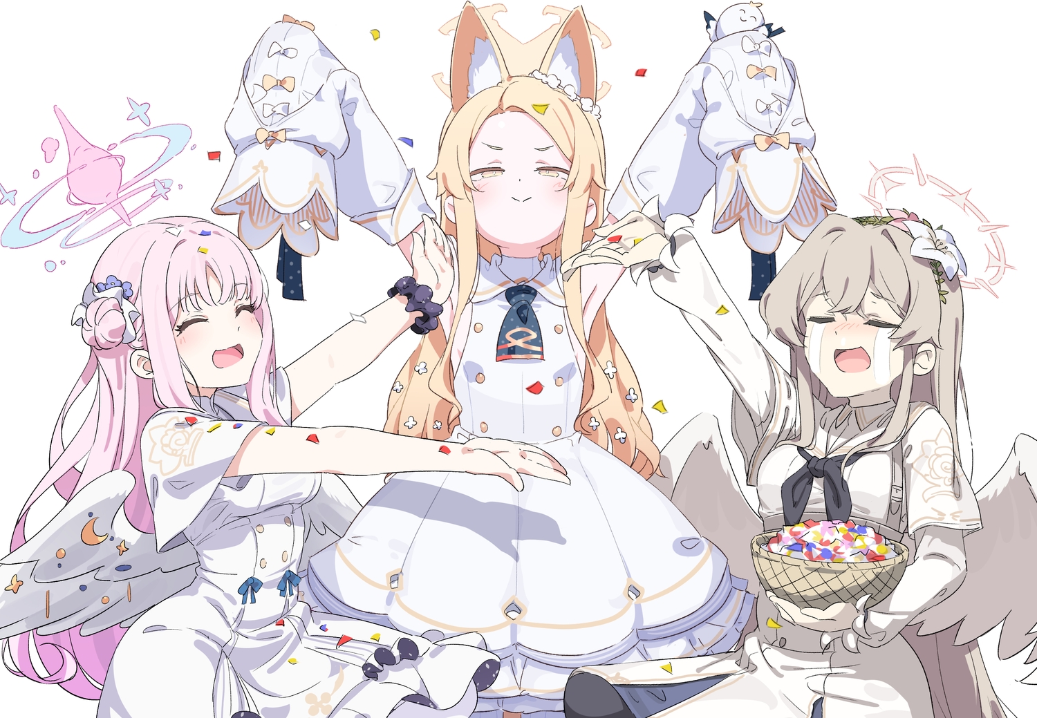 animal_ears, blonde_hair, blue_archive, blush, bow, brown_hair, cape, crying, csham, dress, flat_chest, foxgirl, halo, kirifuji_nagisa, long_hair, misono_mika, pink_hair, tears, uniform, white, wings, wristwear, yellow_eyes, yurizono_seia