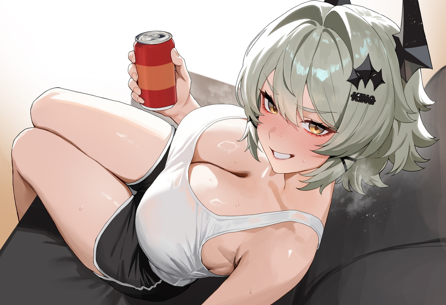 blush, breasts, caesar_king_(zenless_zone_zero), cleavage, close, drink, green_hair, horns, mokopan, short_hair, shorts, white, yellow_eyes, zenless_zone_zero