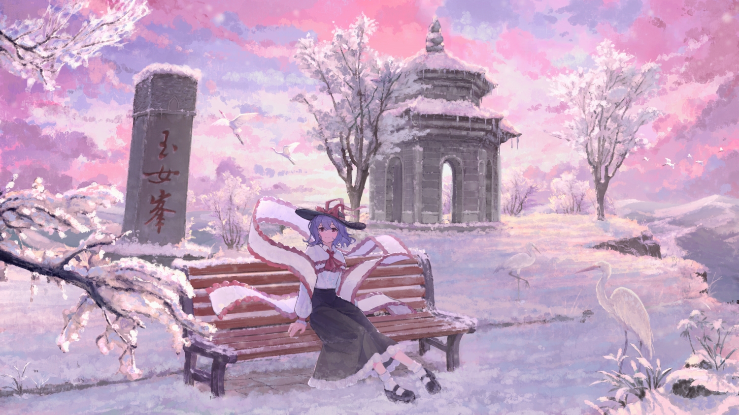 animal, bird, bow, clouds, er_yi_zhi, hat, nagae_iku, purple_hair, red_eyes, ribbons, shirt, short_hair, skirt, sky, snow, socks, touhou, tree, winter