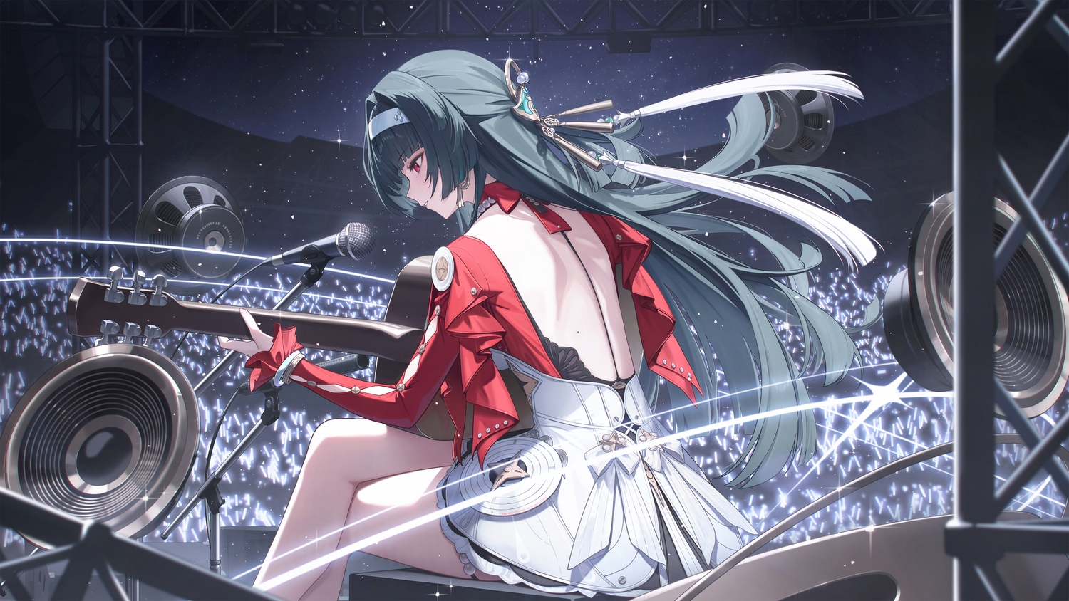 astra_yao, black_hair, blush, bow, dress, guitar, headband, instrument, long_hair, microphone, necklace, night, red_eyes, sky, whitem_(whiteemperor2020), wristwear, zenless_zone_zero