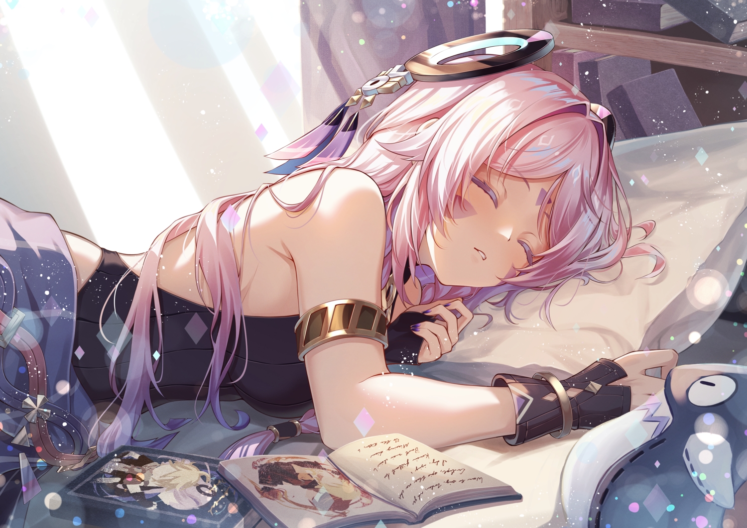 bed, book, braids, citlali_(genshin_impact), genshin_impact, leotard, long_hair, pink_hair, sleeping, wristwear, yuno_kaihara