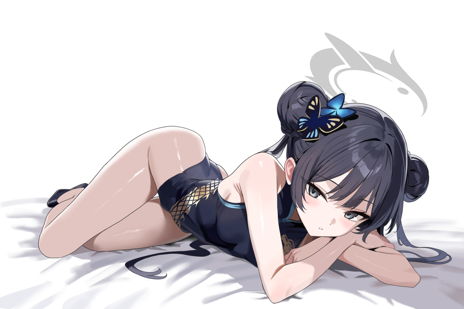 ass, black_eyes, black_hair, blue_archive, chinese_clothes, chinese_dress, dress, halo, hidis0086, long_hair, nopan, ryuuge_kisaki, twintails, white