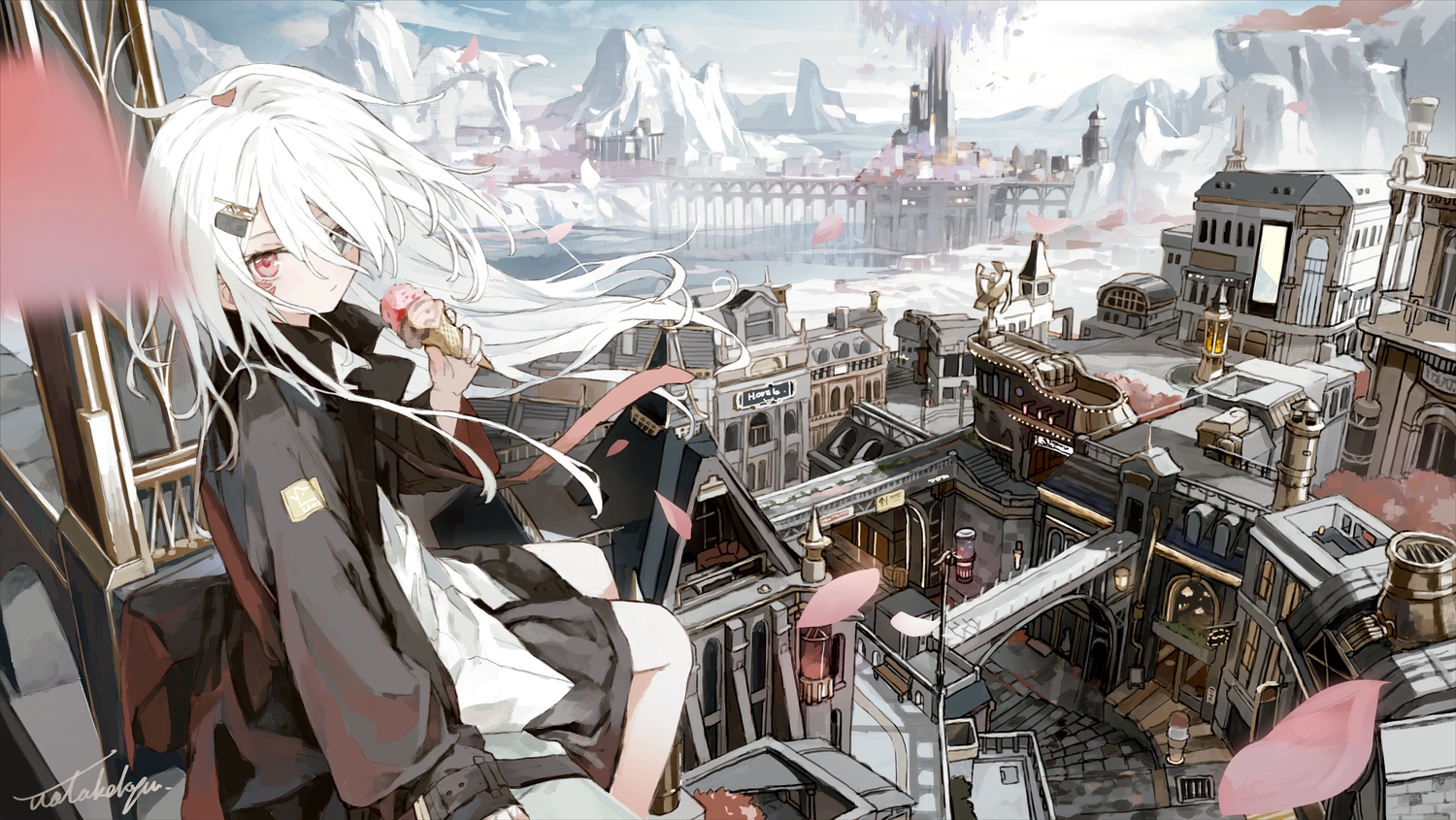 bicolored_eyes, building, city, clouds, food, ice_cream, landscape, long_hair