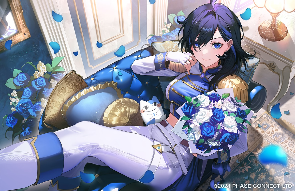 ayase_yuu, black_hair, blue_eyes, boots, couch, flowers, garter, gloves
