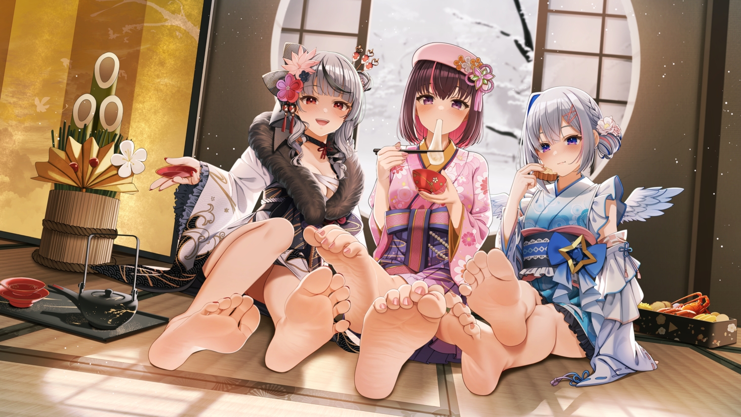 aliasing, amane_kanata, angel, azki_(hololive), barefoot, blush, bow, braids