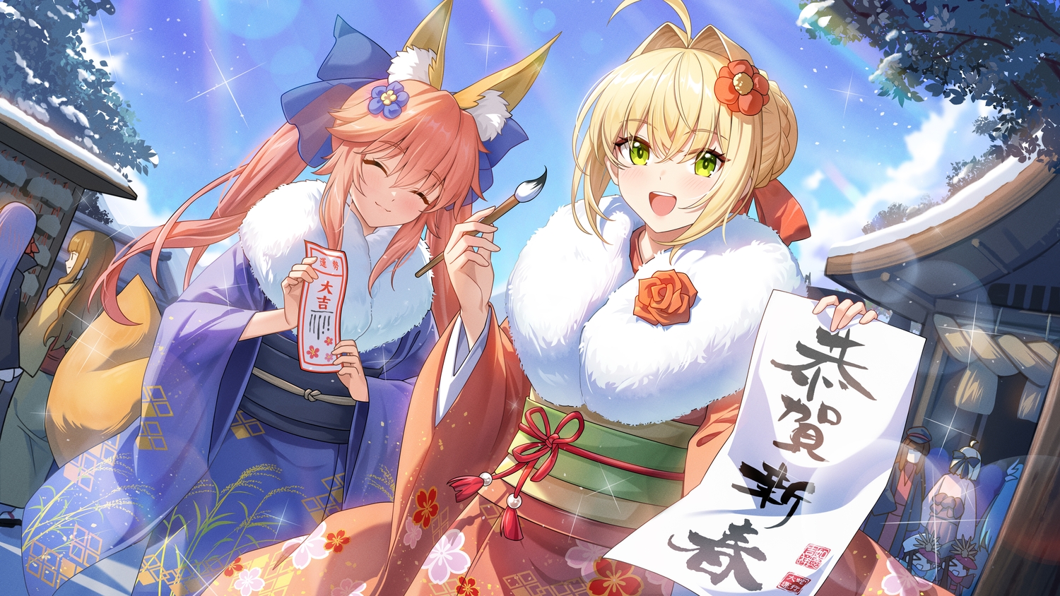 bb_(fate), blonde_hair, blue_hair, blush, bow, braids, brown_hair, clouds