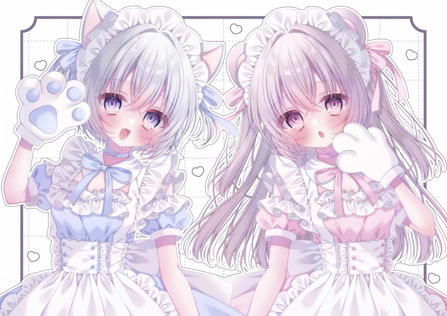 2girls, animal_ears, blush, bow, brown_hair, catgirl, choker, close