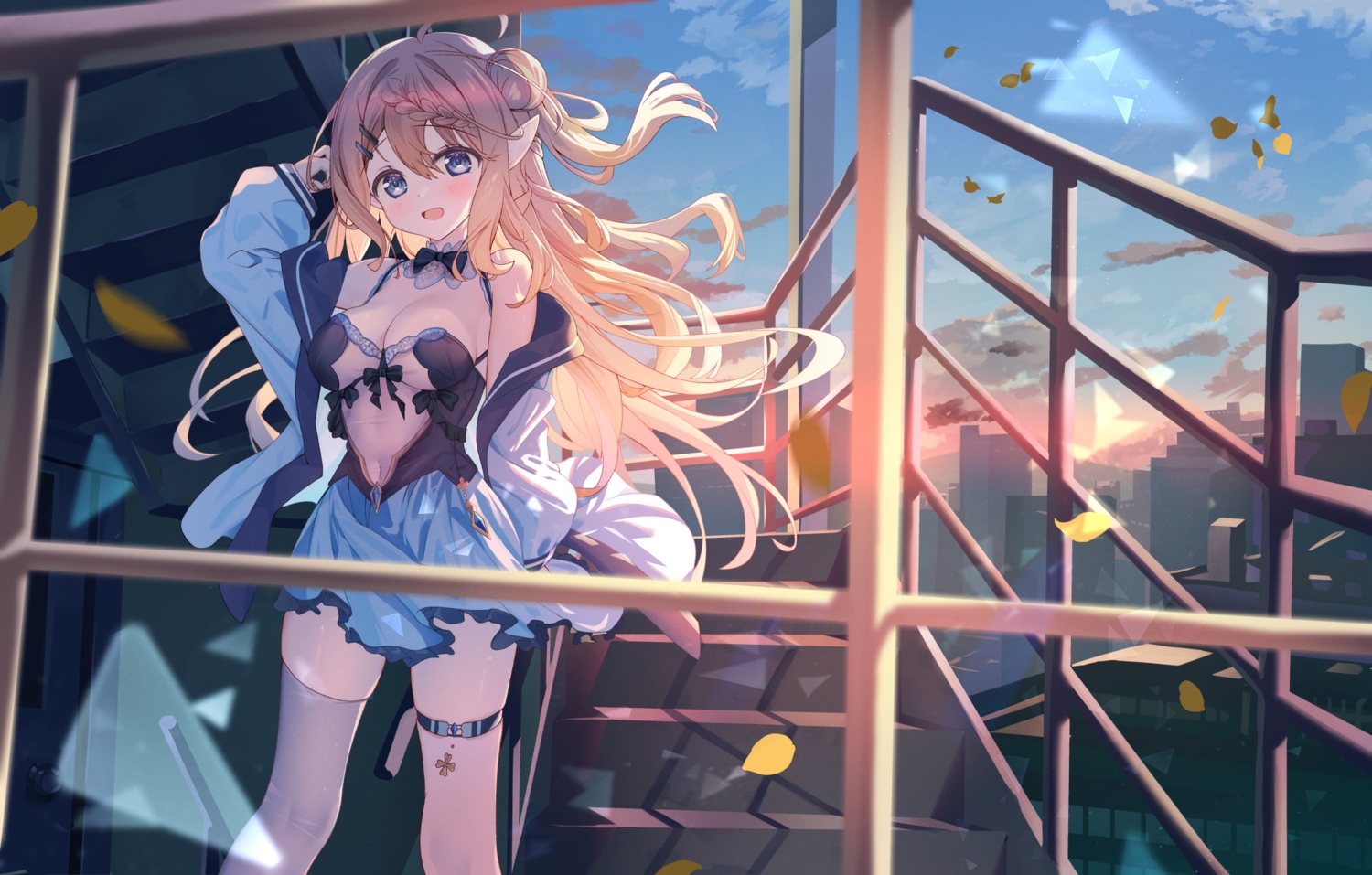 blonde_hair, blue_eyes, blush, bow, braids, breasts, building, city