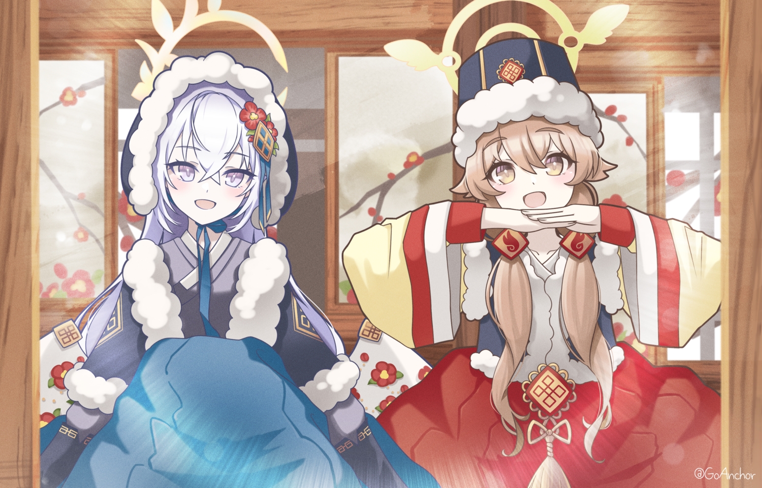 2girls, ajitani_hifumi, blue_archive, bow, brown_eyes, brown_hair, flowers, goanchor