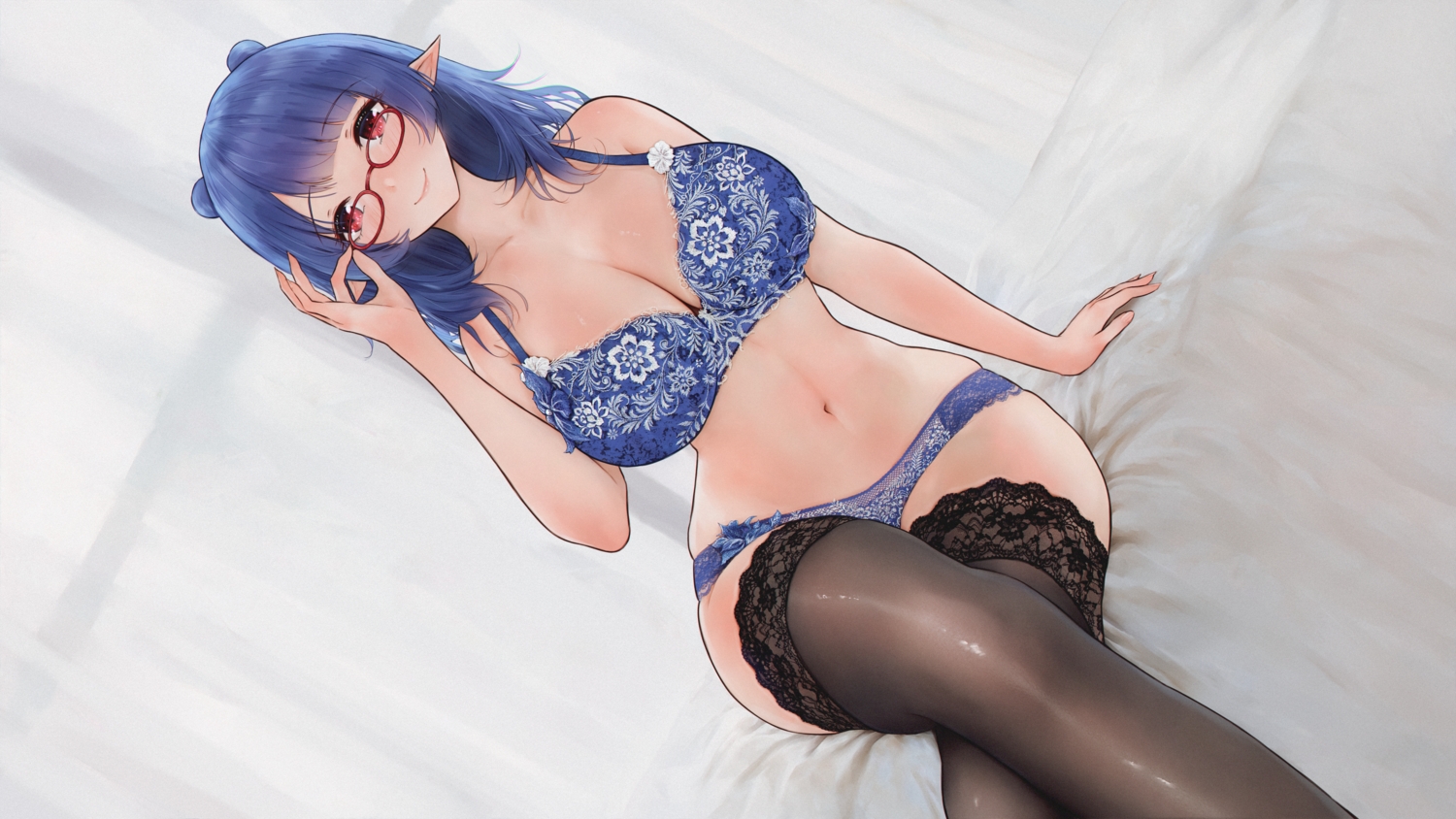 blue_hair, blush, bra, breasts, cleavage, dizzy_dokuro, glasses, kitsune_neko, navel, panties, phase_connect, pointed_ears, red_eyes, thighhighs, underwear
