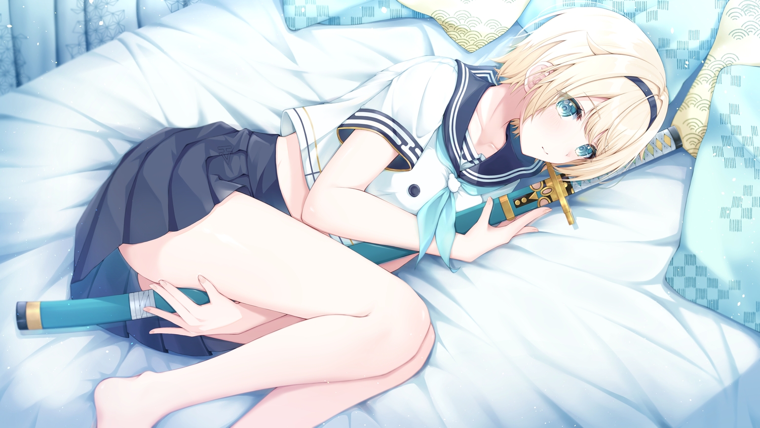 aqua_eyes, barefoot, bed, blonde_hair, blush, headband, hololive, katana