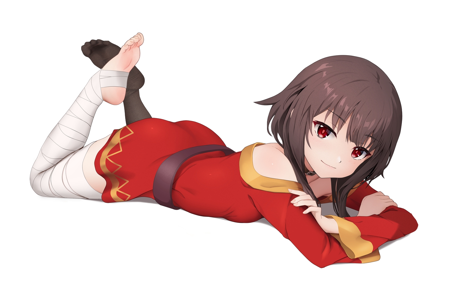 ass, bandage, barefoot, blush, brown_hair, collar, dress, gibun_(sozoshu)