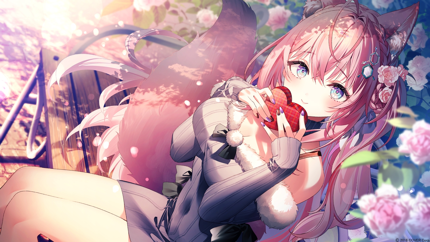 animal_ears, bow, braids, breasts, cleavage, dress, flowers, hakui_koyori