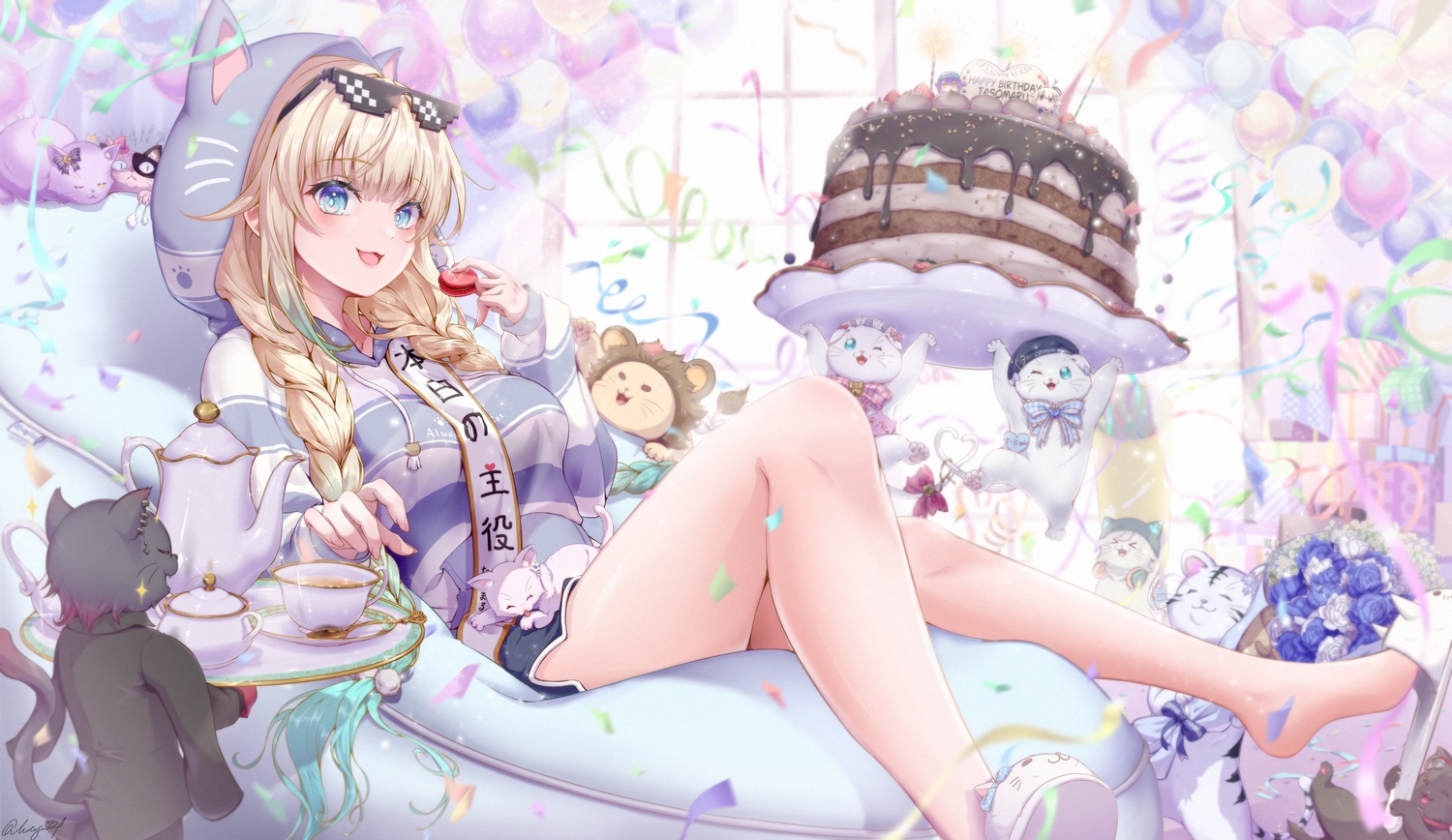 aizawa_ema, animal, aqua_eyes, blonde_hair, blush, braids, cake, cat, cat_smile, drink, food, hood, long_hair, motoja_72p, ribbons, shorts, sunglasses, twintails, vspo!