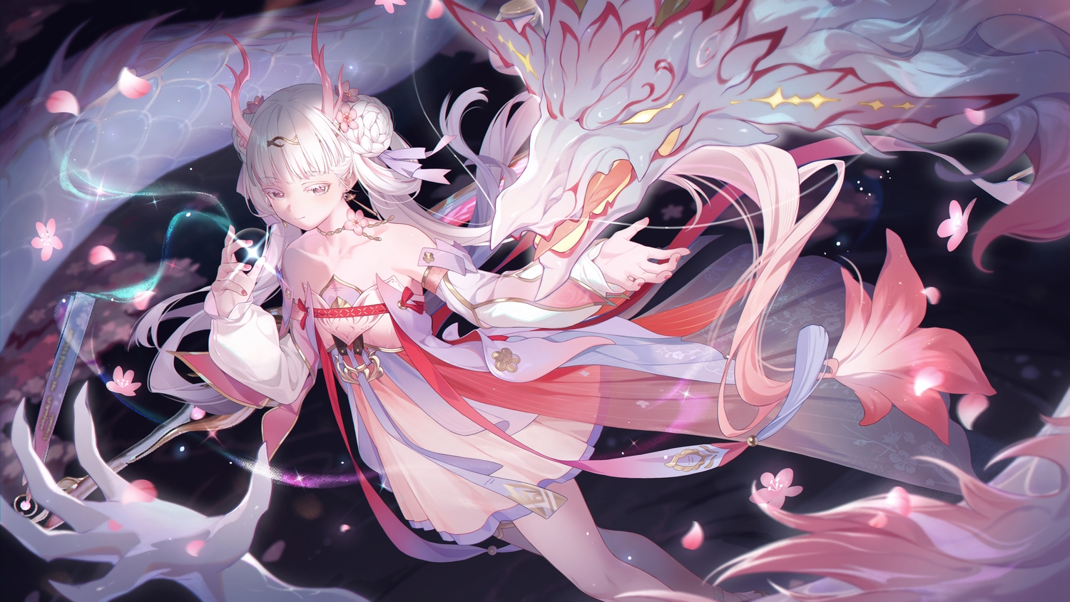 birthday_miaoke, braids, cherry_blossoms, chinese_clothes, choker, dragon, dress, flowers