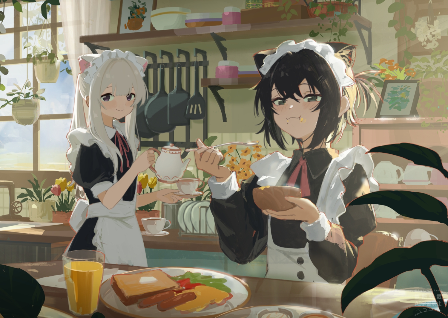 2girls, animal_ears, apron, black_eyes, black_hair, blush, catgirl, cat_smile