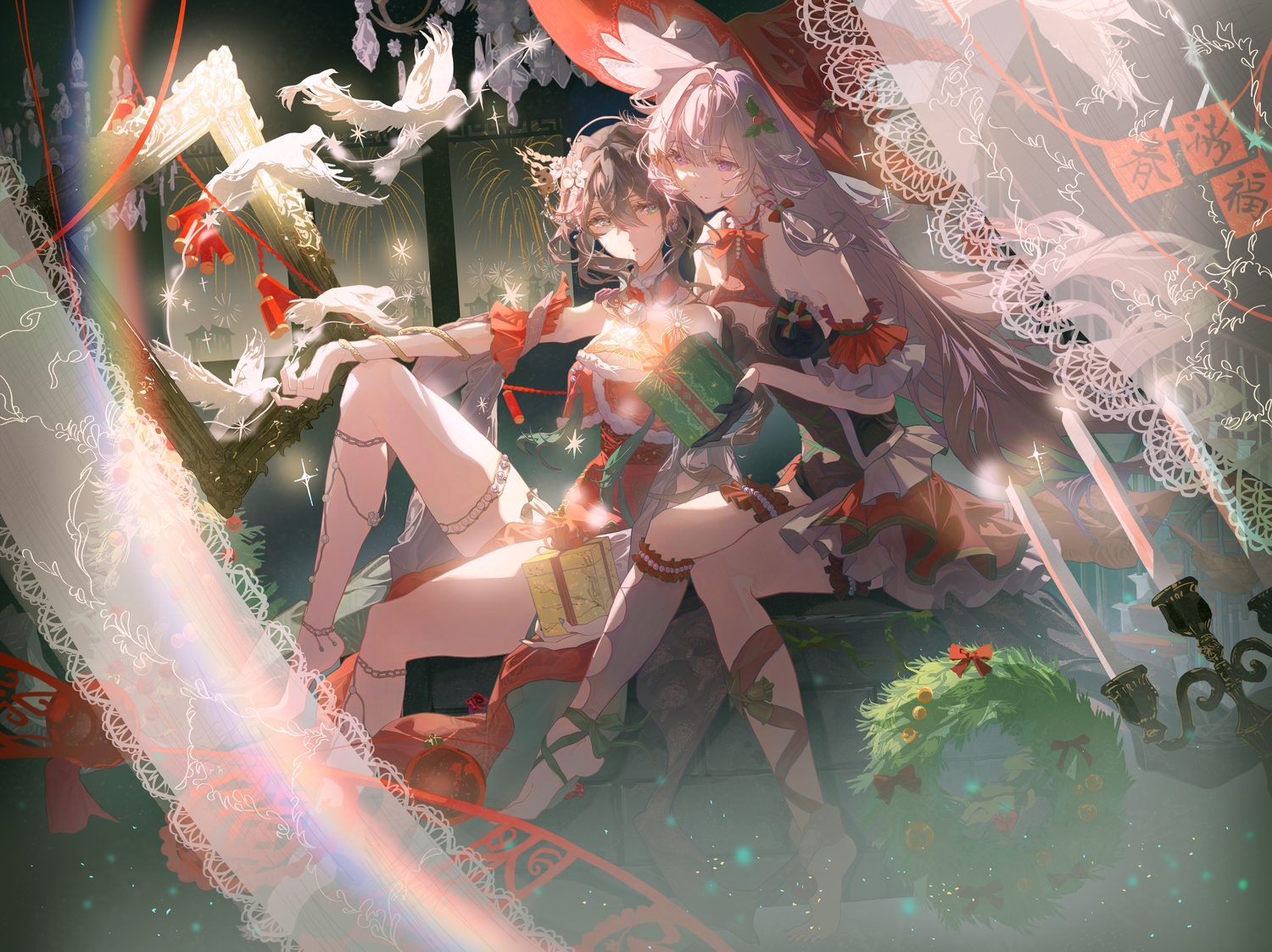 2girls, a999212, animal, bird, bow, breasts, brown_hair, chinese_clothes