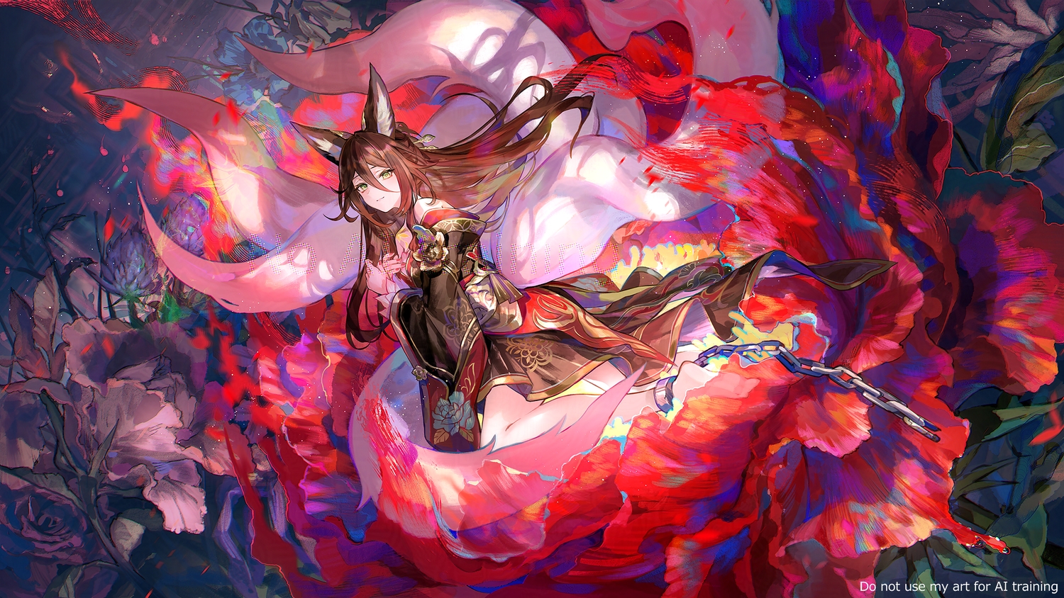 animal_ears, barefoot, brown_hair, chain, flowers, foxgirl, fuji_choko, green_eyes
