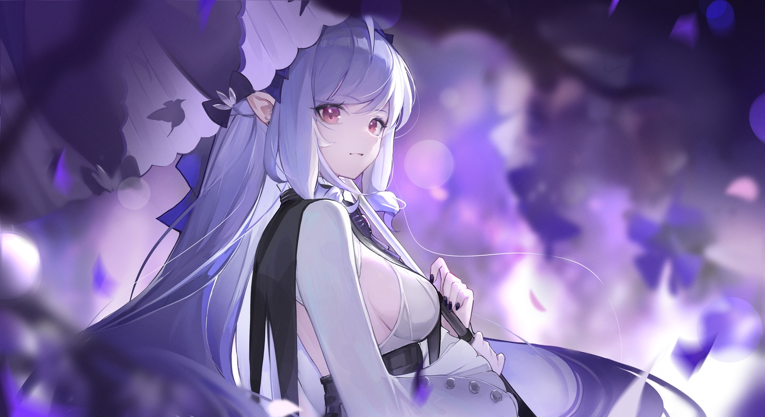 breasts, close, dress, flowers, jiang_zhuti_jiojio, long_hair, petals, pointed_ears