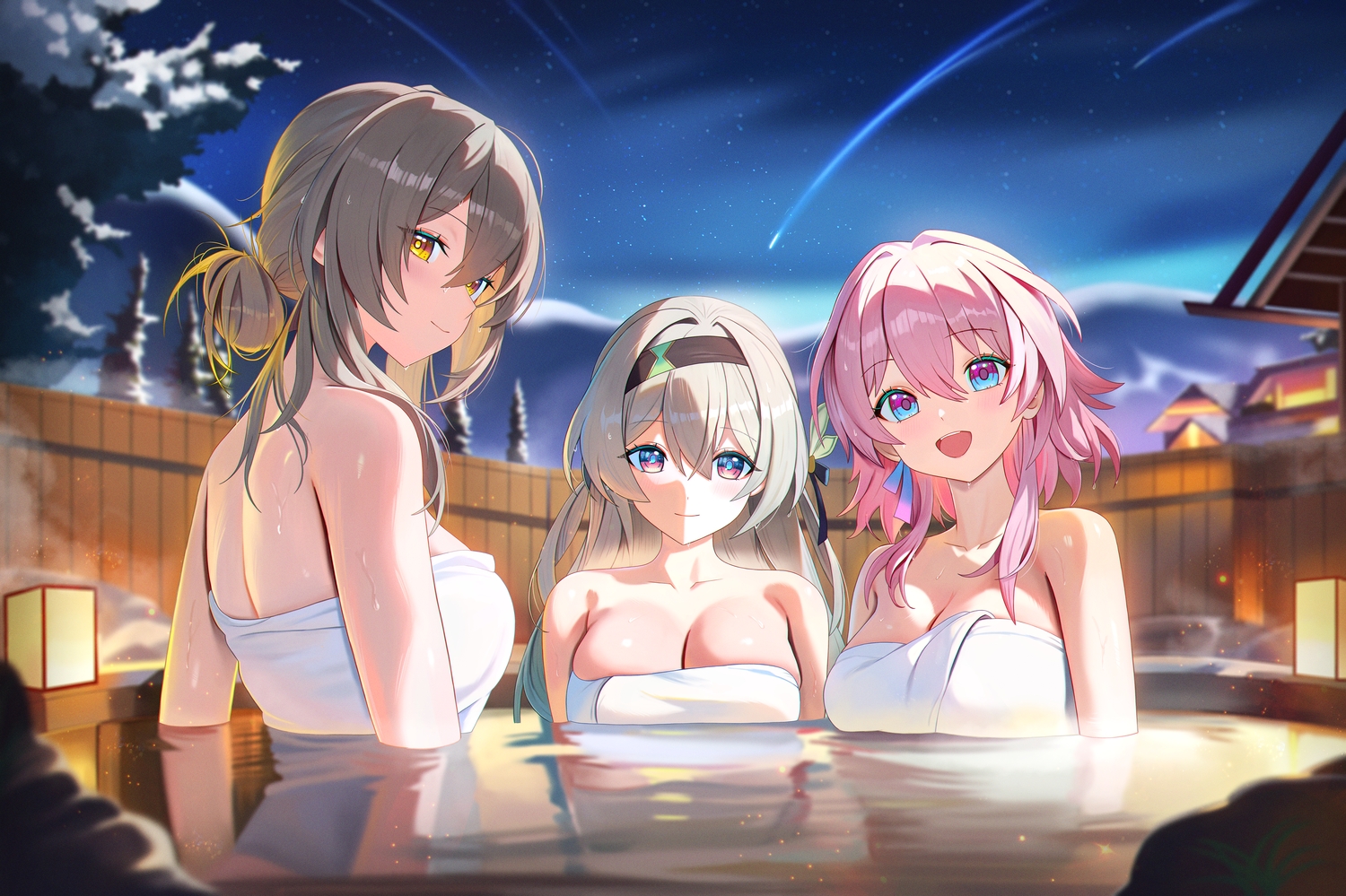 blush, bow, breasts, cleavage, firefly_(honkai:_star_rail), gray_hair, headband, honkai_(series)